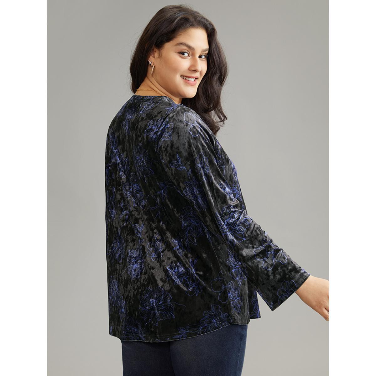 Plus Size Black Silhouette Floral Print Notched Roll Tab Sleeve Blouse Women Elegant Long Sleeve Notched collar Everyday Blouses BloomChic 30/6X Product Image