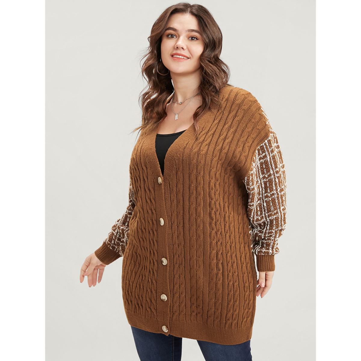 Plus Size Gingham Contrast Soft Sexy Yarn Knit Cable Knit Button Front Cardigan Bronze Women Casual Loose Long Sleeve Dailywear Cardigans BloomChic 18-20/2X Product Image