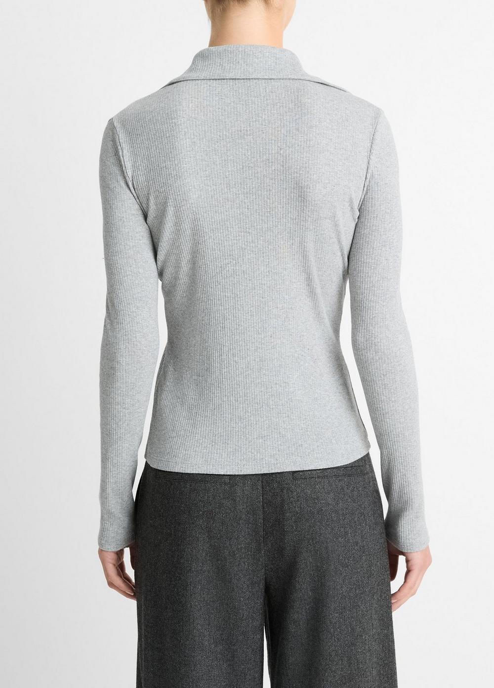 Womens Ribbed Cotton Long-Sleeve Polo Shirt, Heather Mid Grey, Size XL Vince Product Image