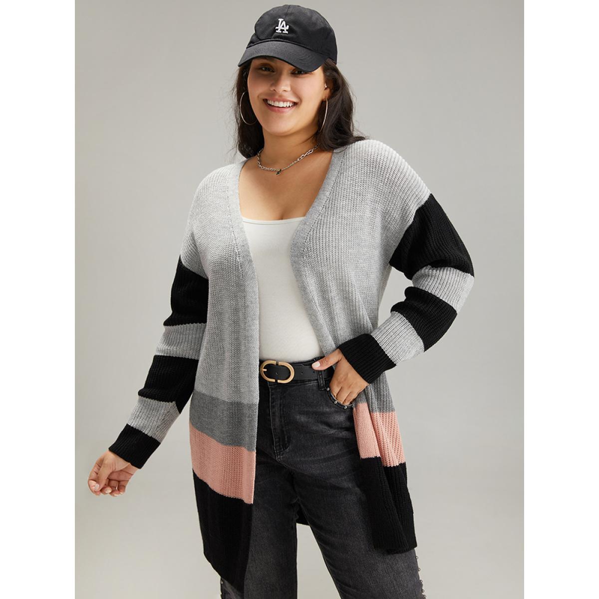 Plus Size Contrast Colorblock Open Front Cardigan Multicolor Women Casual Loose Long Sleeve Dailywear Cardigans BloomChic 26/4X Product Image