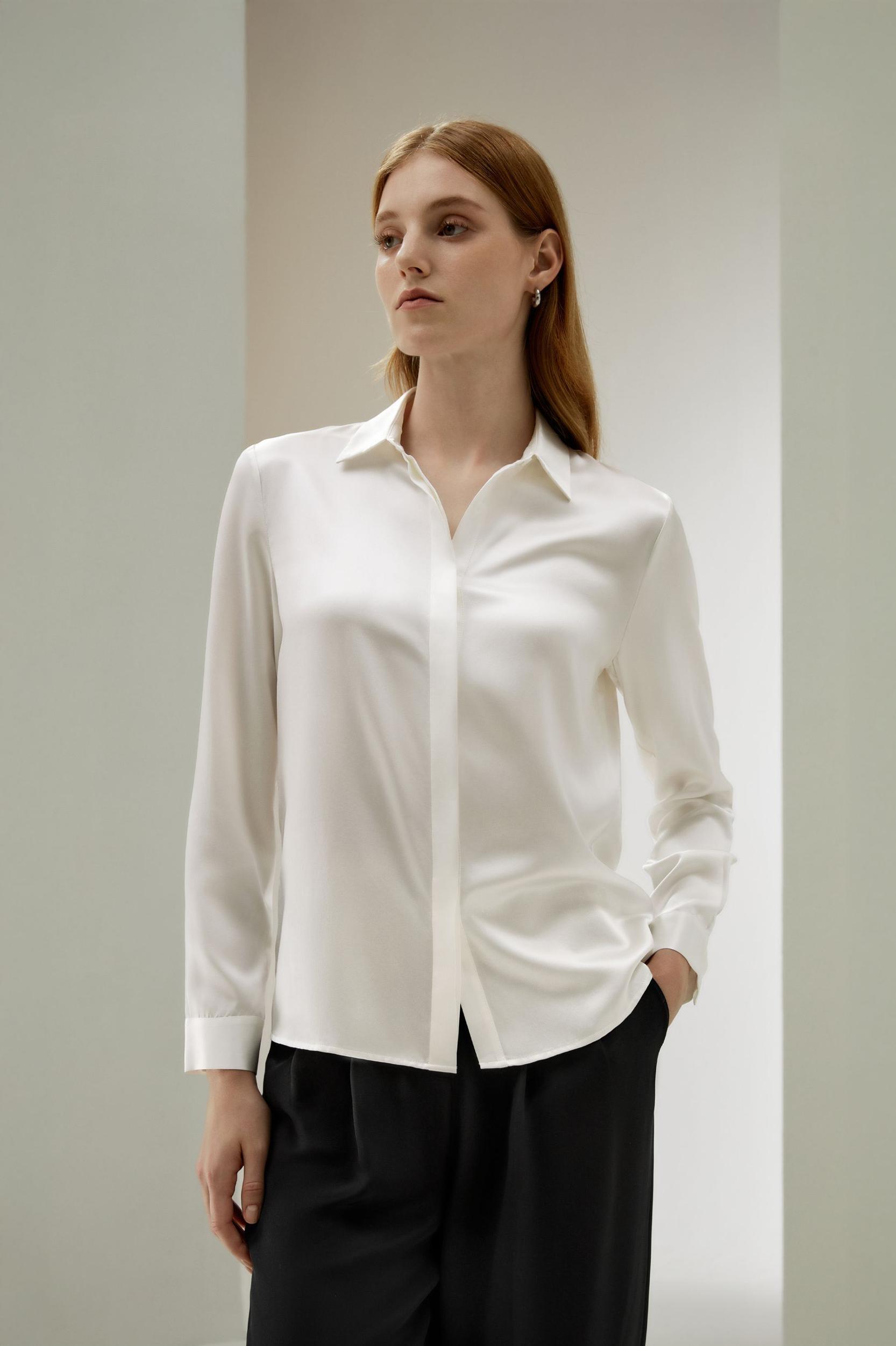 Basic Concealed Placket Silk Shirt Product Image
