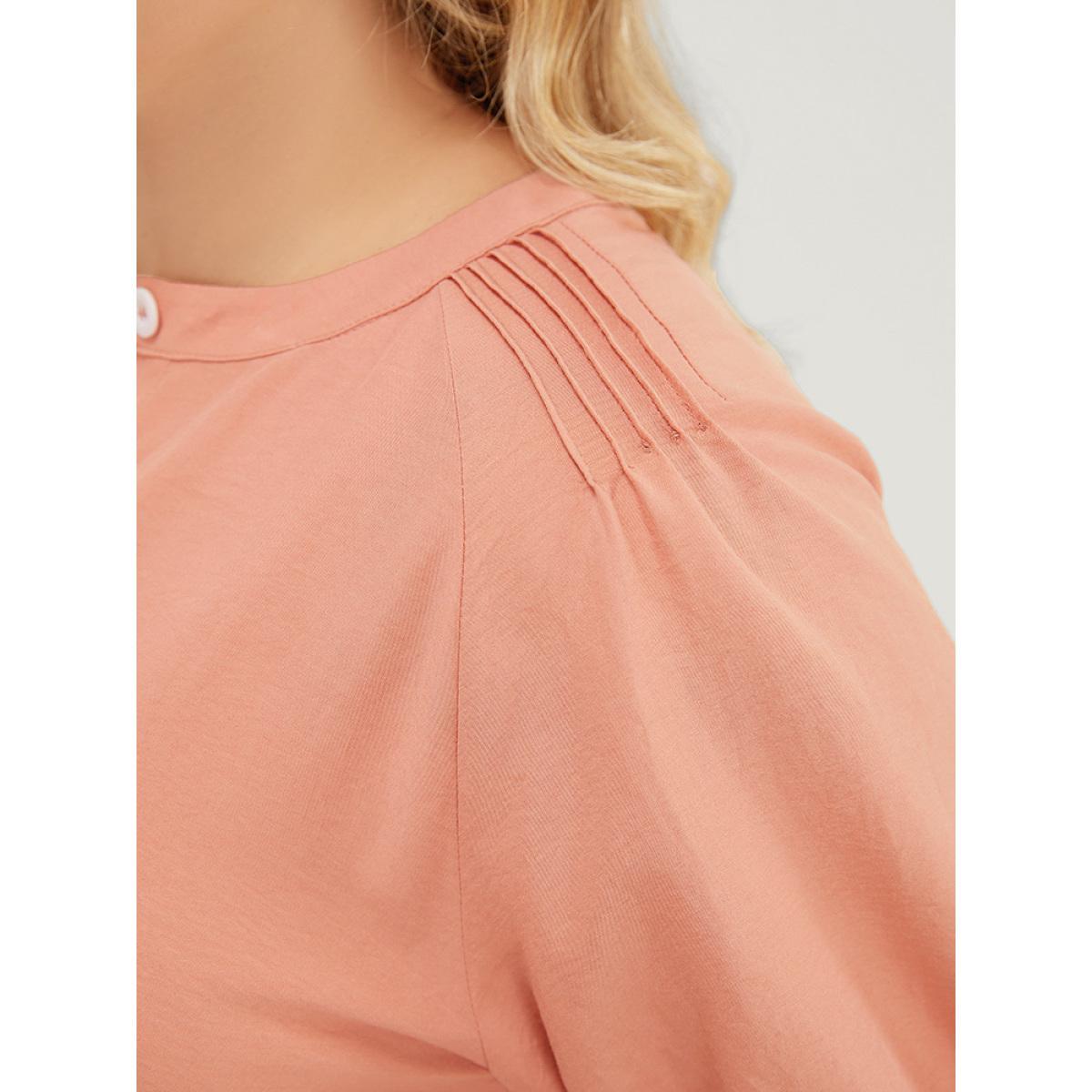 Plus Size Plain Ruffles Pocket Button Up Puff Sleeve Pleated Dress Salmon Women Office Pleated Round Neck Short sleeve Curvy Midi Dress BloomChic 30/6X Product Image