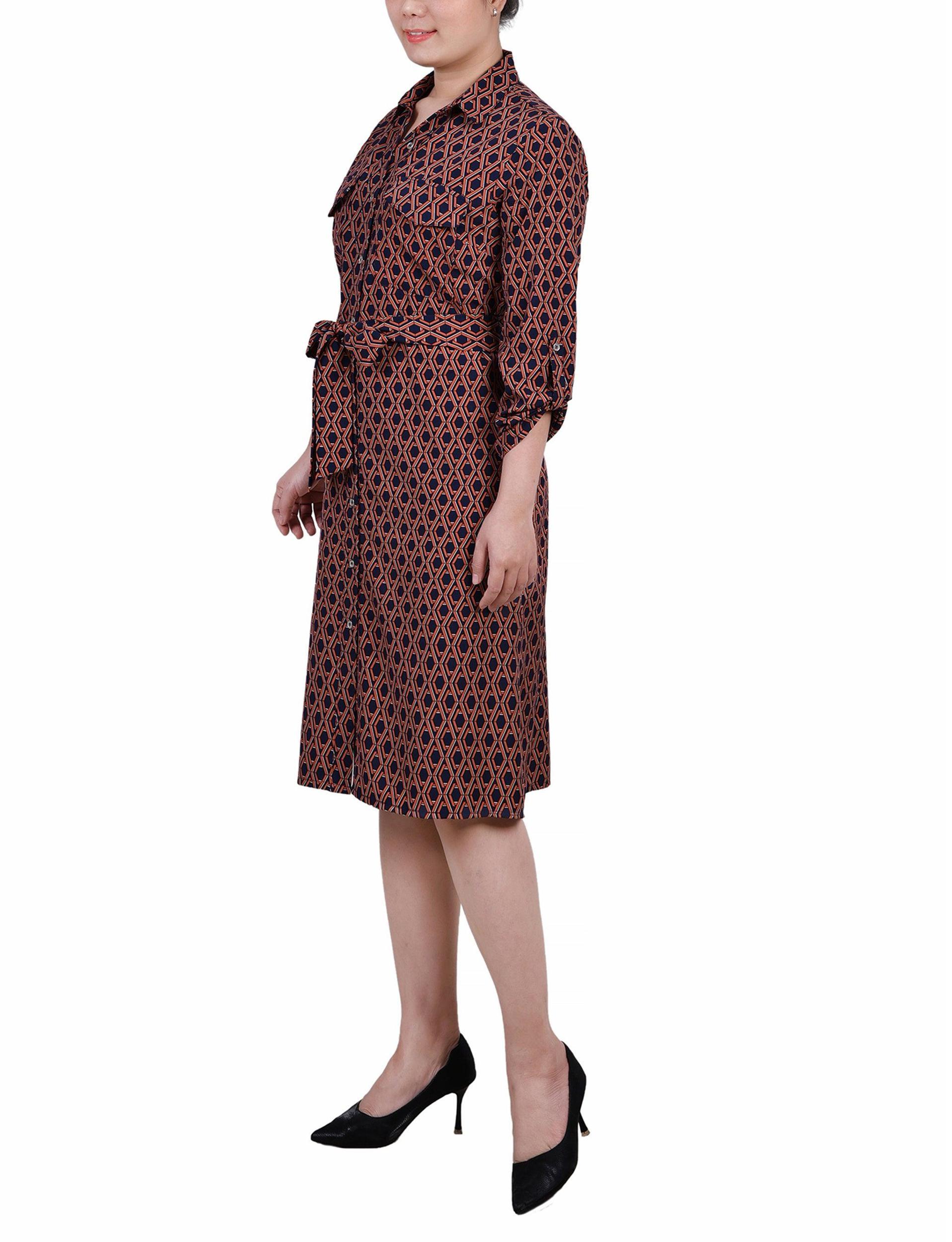 Cypress Inca Gold Navy Zigzag 3/4 Roll Tab Sleeve Belted Shirtdress - Petite Product Image
