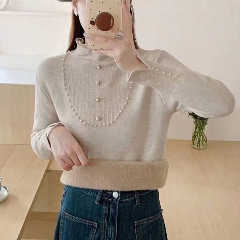 Mock Neck Plain Faux Pearl Detail Sweater Product Image