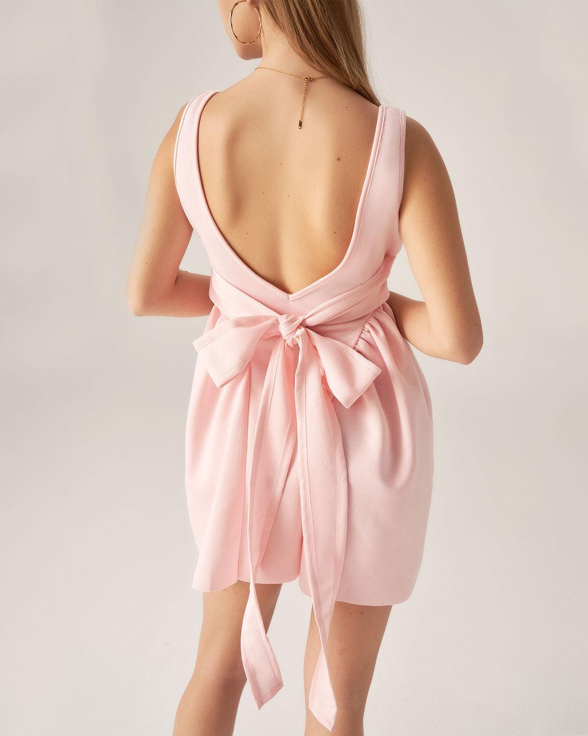 Bettydress-Pink Square Neck Bowknot Mini Dress Product Image