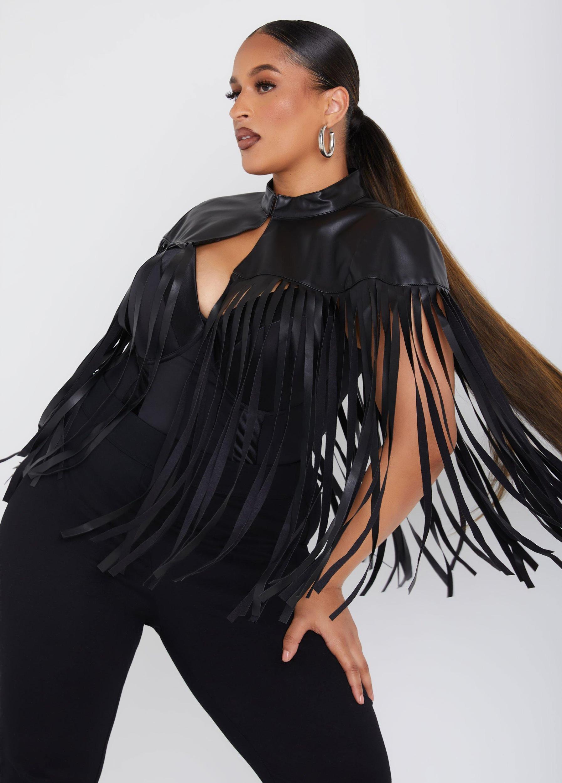 Plus Size Fringed Faux Leather Cape Jacket Ashley Stewart Product Image