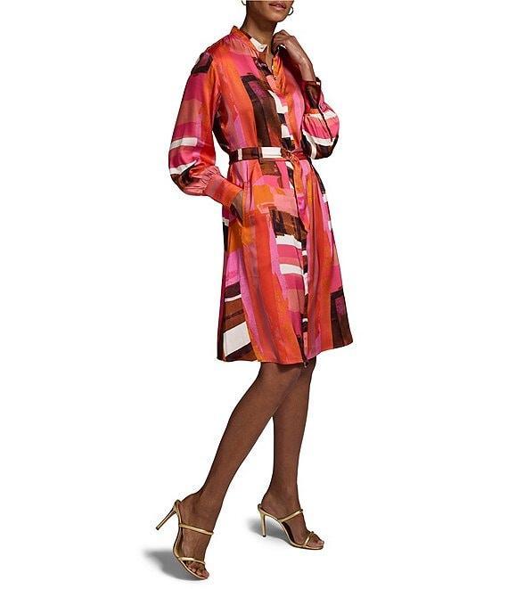 NIC + ZOE Glossy Artful Blocks Stand Collar Long Sleeve Tie Waist Dress Product Image