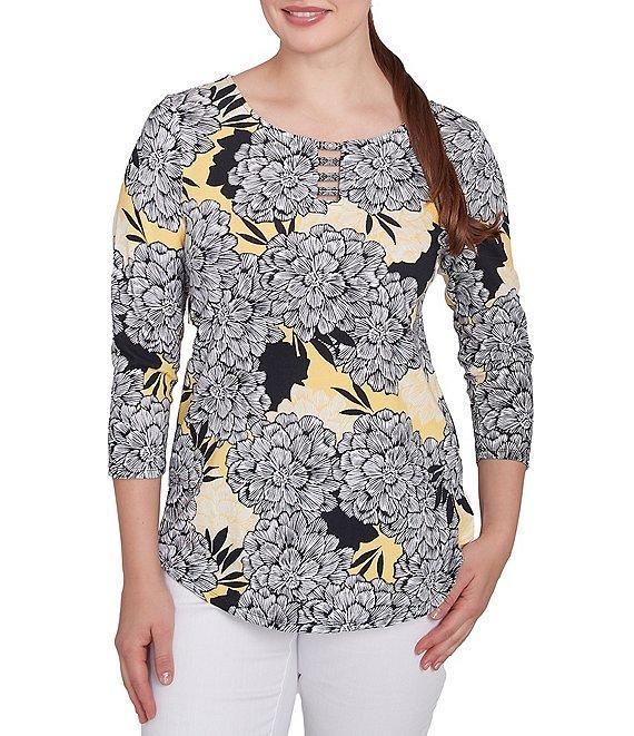Ruby Rd. Abstract Floral Dahlia Knit Crew Neck 3/4 Sleeve Top Product Image
