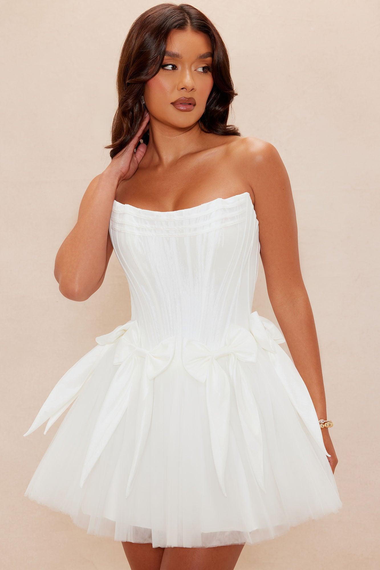 Brielle Bow Satin Mini Dress - White Product Image