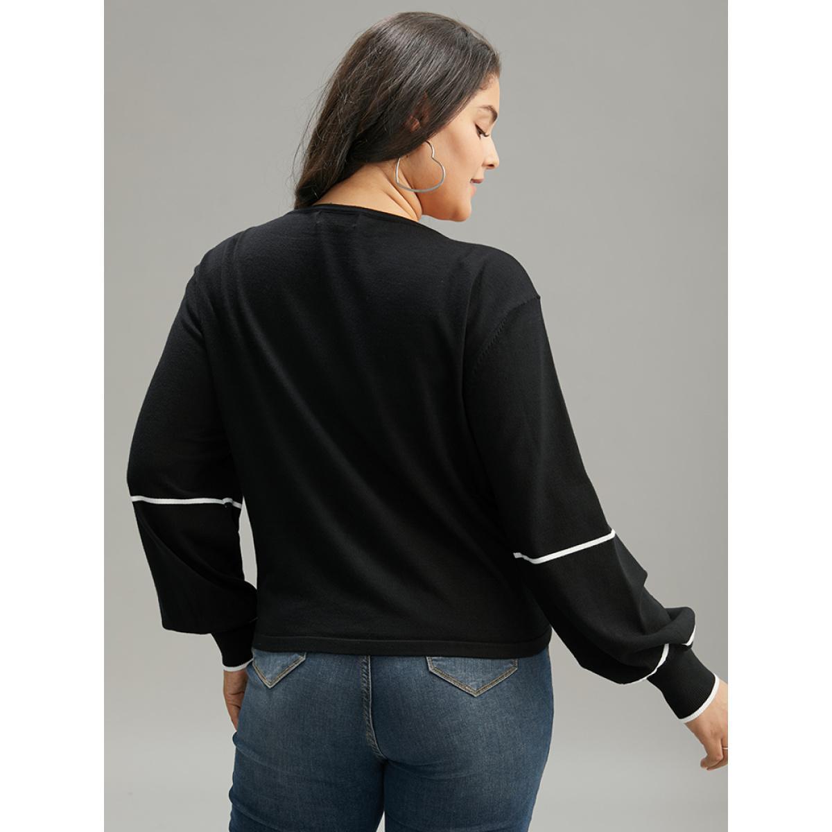 Plus Size Supersoft Essentials Striped Contrast Ties Lantern Sleeve Cardigan Black Women Casual Loose Long Sleeve Dailywear Cardigans BloomChic 18-20/2X Product Image