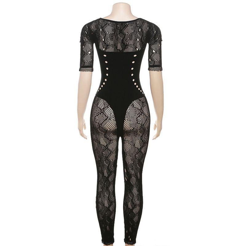 Short-Sleeve Cutout Lace Jumpsuit Product Image
