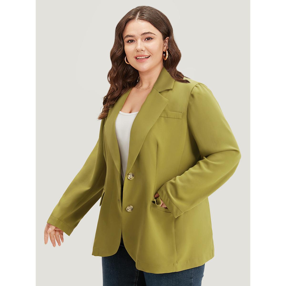 Plus Size Plain Pocket Button Up Suit Collar Blazer Olive Women Dailywear Plain Plain Sleeve Long Sleeve Lapel Collar 22-24/3X Pocket Casual Blazers BloomChic Product Image
