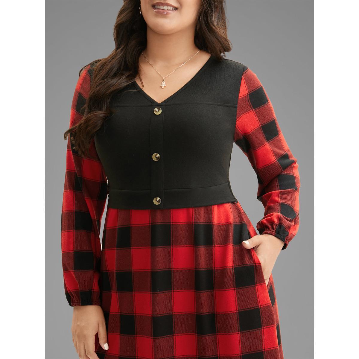 Plus Size Vest Design Fit-and-Flare Midi Dress Crimson Women Elegant Patchwork Party Curvy Bloomchic 30/6X Product Image