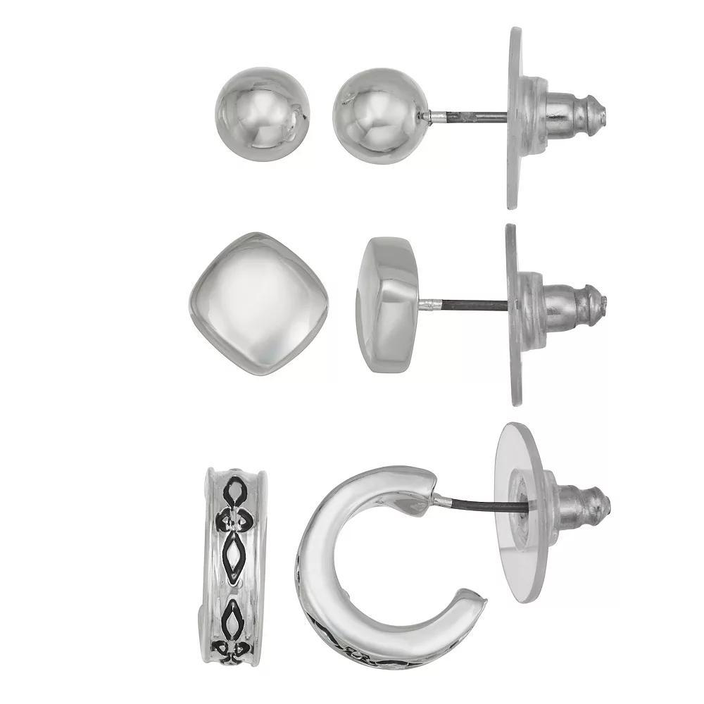 Napier Silver Tone West Stud Hoop Earring Trio Set, Womens Product Image