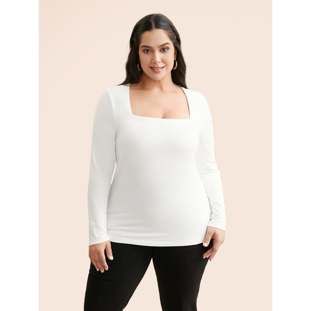 Plus Size Supersoft Essentials Solid Square Neck T-shirt WhiteSmoke Women Casual Non Square Neck Skinny Everyday T-shirts BloomChic 26/4X Product Image