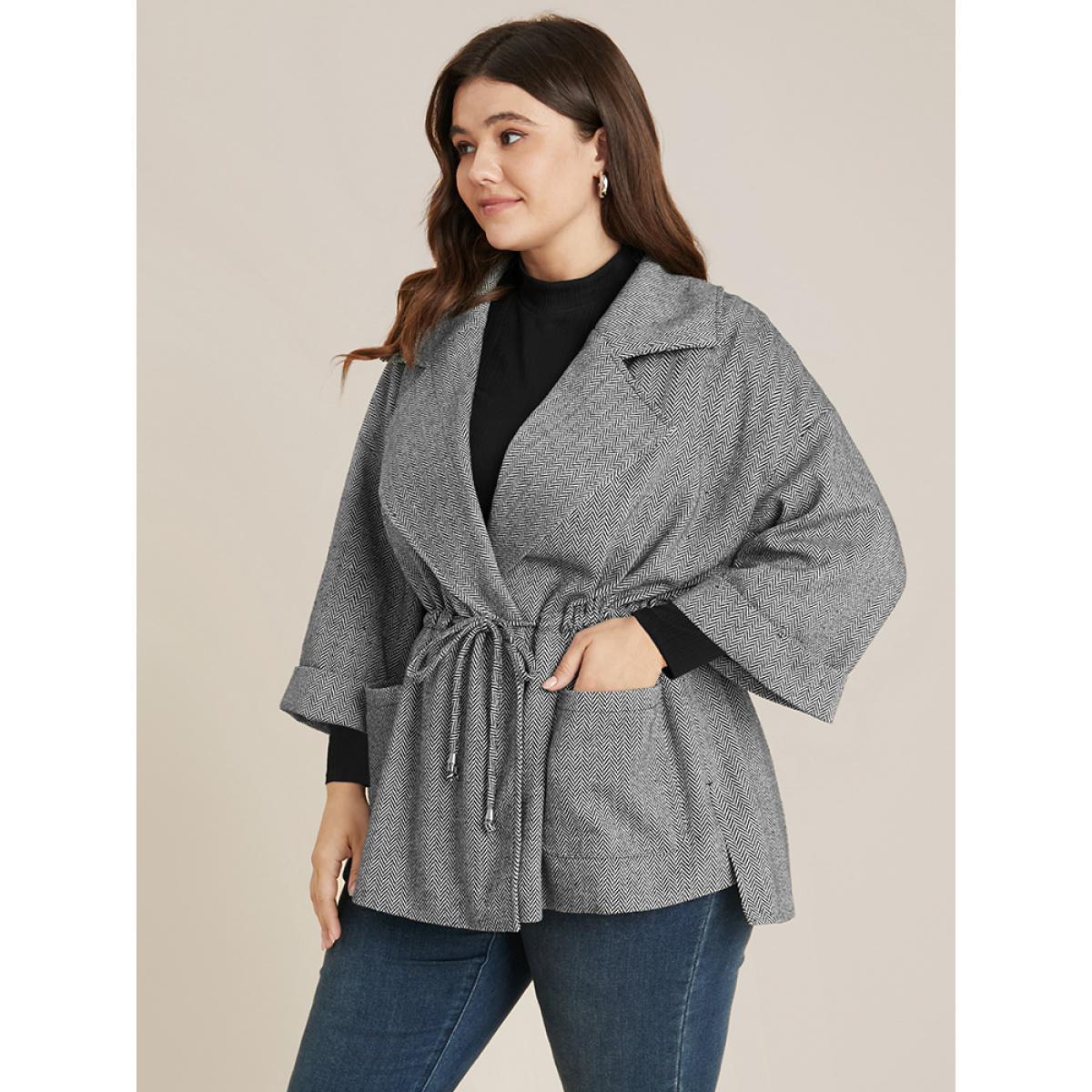 Plus Size Chevron Pattern Pocket Split Hem Drawstring Coat Women Black At the Office Drawstring Ladies Work Winter Coats BloomChic 22-24/3X Product Image
