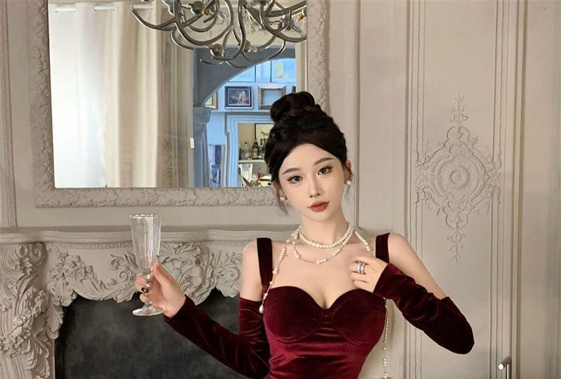 Wide Strap Velvet Midi Bodycon Dress Product Image