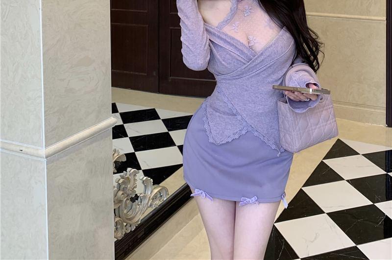 Long-Sleeve Halter Asymmetrical Cutout Lace Panel Slim Fit Top / High Waist Mini Pencil Skirt Product Image