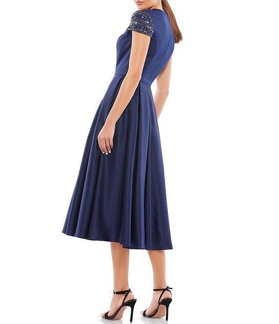 Mac Duggal Beaded Cap Sleeve Crew Neck Satin Midi Dress Product Image