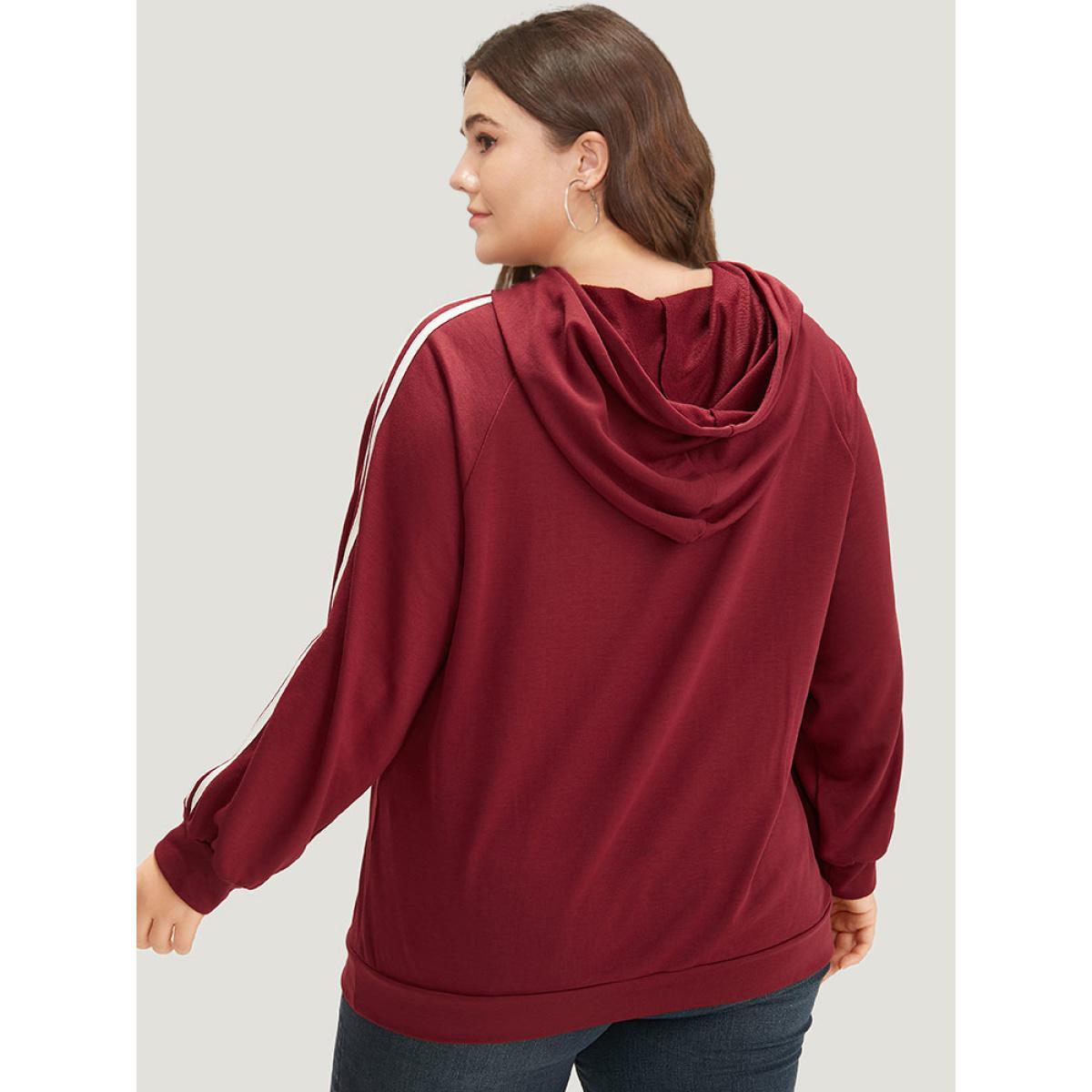 Plus Size Contrast Seam Detail Drawstring Pocket Hooded Raglan Sleeve Sweatshirt Women Red Casual Elastic cuffs Hooded Dailywear Sweatshirts BloomChic 10/M Product Image