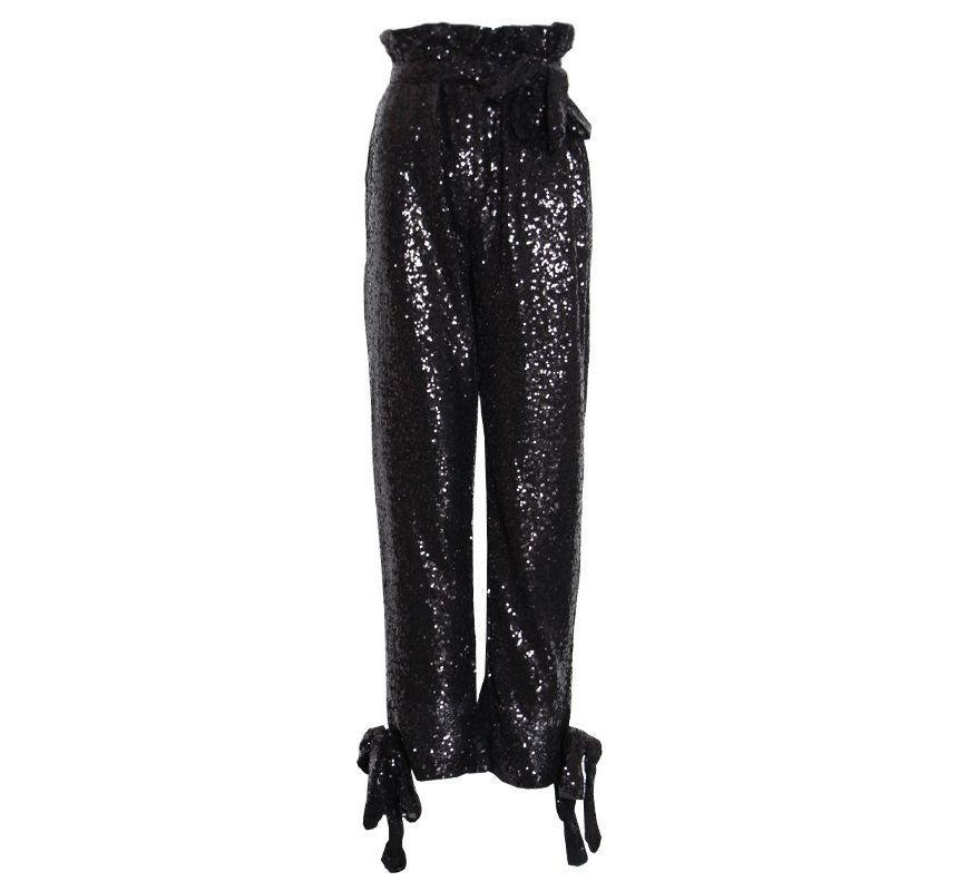 High Rise Tie-Rise Sequined Baggy Pants Product Image