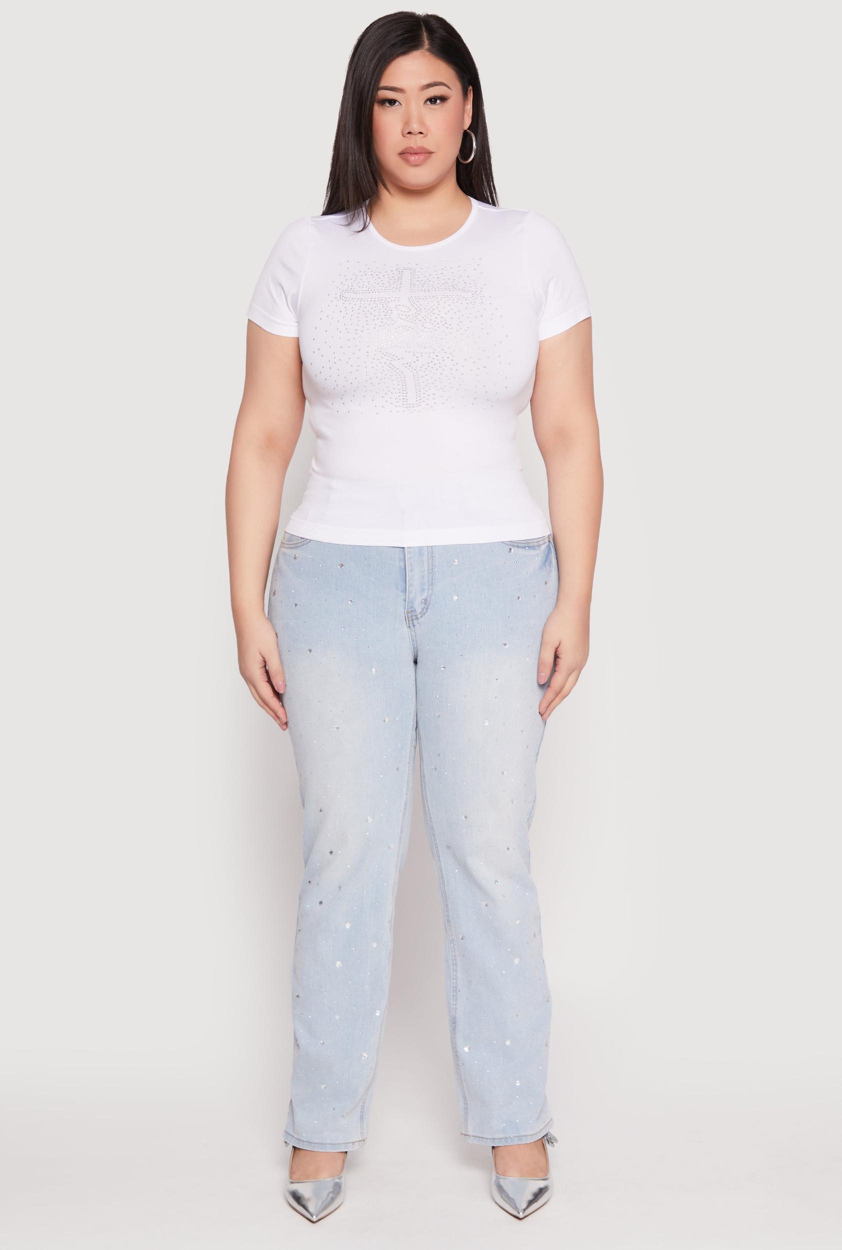 Womens Plus Size Rhinestone Faith Cross Short Sleeve Top Product Image