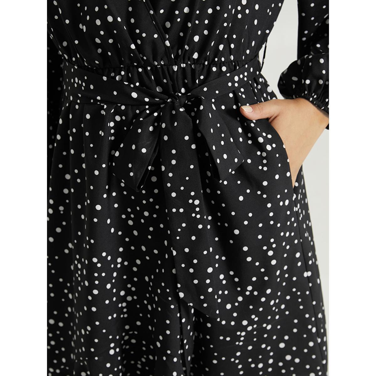 Plus Size Polka Dot Wrap Ruffle Trim High Low Hem Dress Black Women Elegant Elastic cuffs V-neck Long Sleeve Curvy Knee Dress BloomChic 14-16/1X Product Image