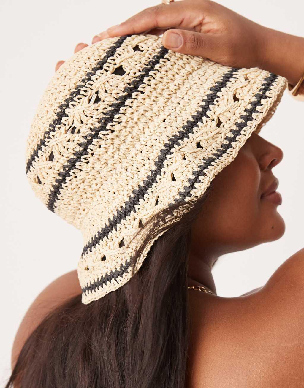 ASOS DESGIN straw crochet stripe bucket hat Product Image