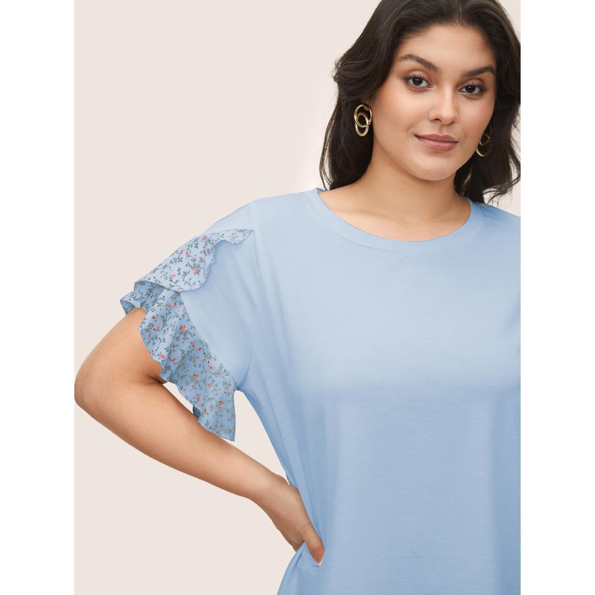 Plus Size Ditsy Floral Patchwork Petal Sleeve T-shirt LightBlue Women Elegant Patchwork Round Neck Everyday T-shirts BloomChic 22-24/3X Product Image