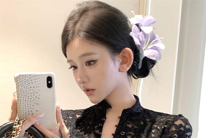 Long-Sleeve Stand Collar Button Lace Crop Slim Fit Top Product Image