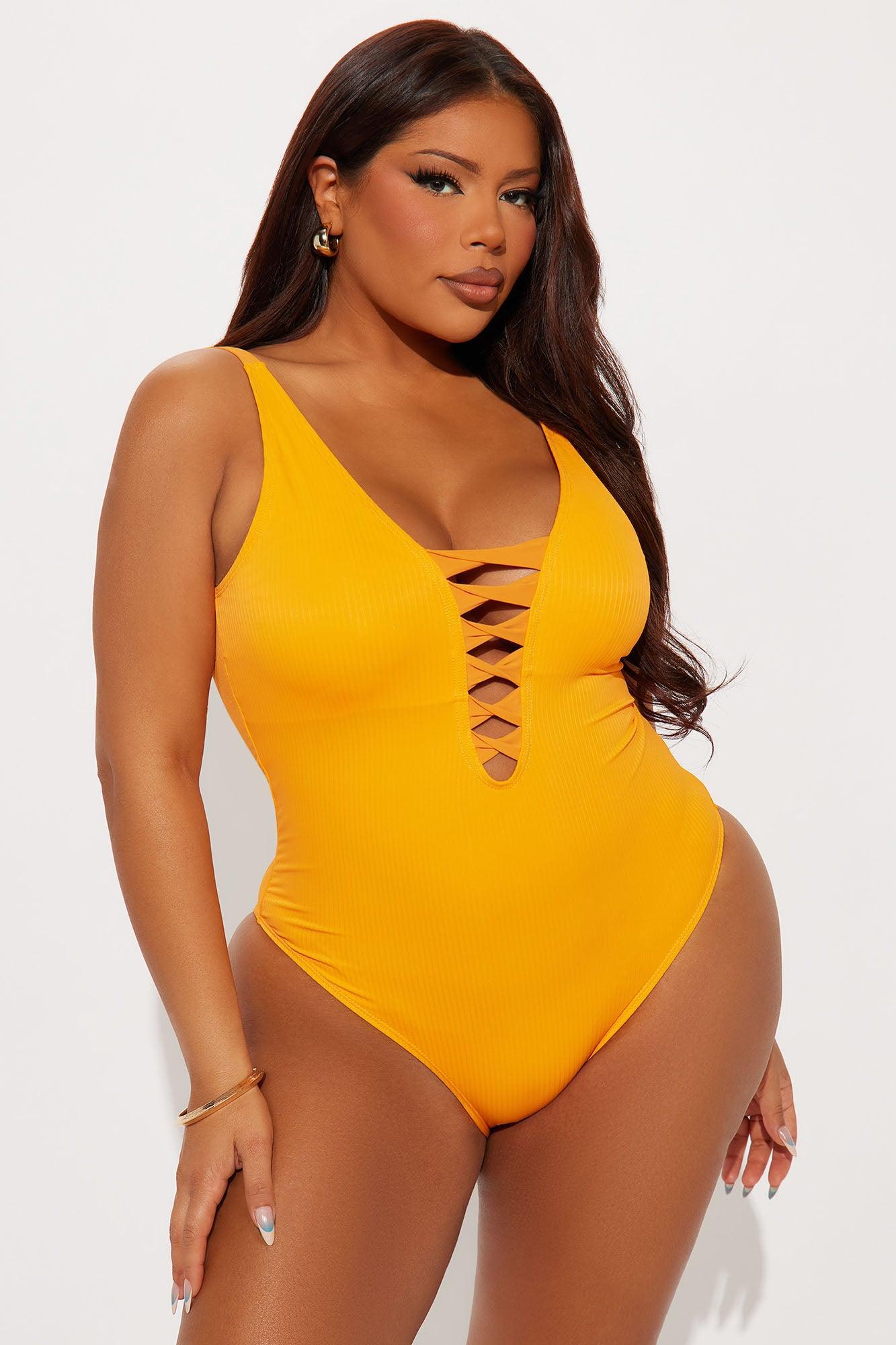 Summer Vibes Lace Up Ribbed 1 Piece Swimsuit - Orange Product Image
