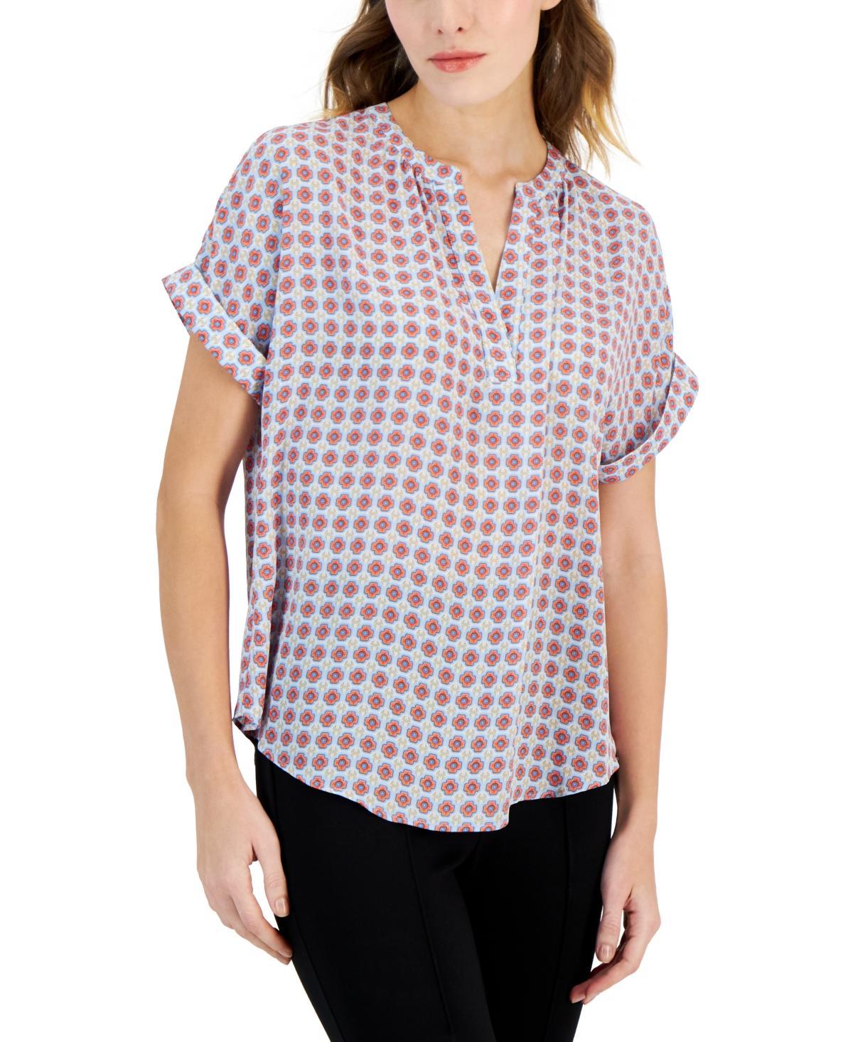 T Tahari Womens Printed Split-Neck Rolled-Cuff Top Product Image
