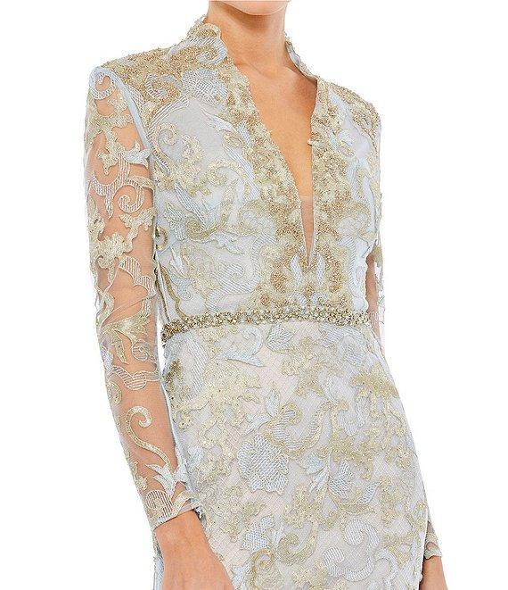 Mac Duggal Sheer Long Sleeve Deep V-Neck Applique A-Line Gown Product Image