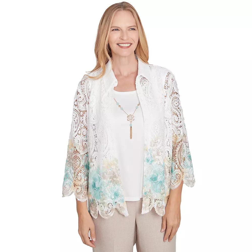 Women's Alfred Dunner Two-in-One Lace Floral Top with Necklace, Size: Medium, Neutral Team Product Image