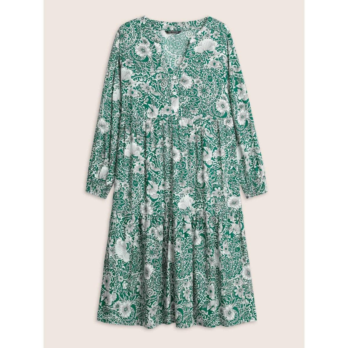 Plus Size Floral Shirred Button Detail Lantern Sleeve Dress Emerald Women Resort Non Notched collar Long Sleeve Curvy Midi Dress BloomChic 12/L Product Image