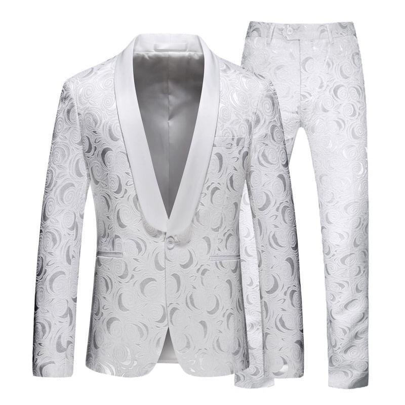 Set: Shawl Lapel Jacquard Single-Button Blazer + Tapered Dress Pants Product Image