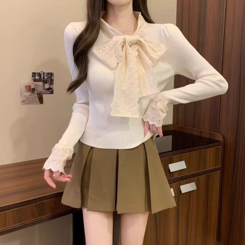 Long-Sleeve Tie-Neck Ribbed Knit Top Product Image