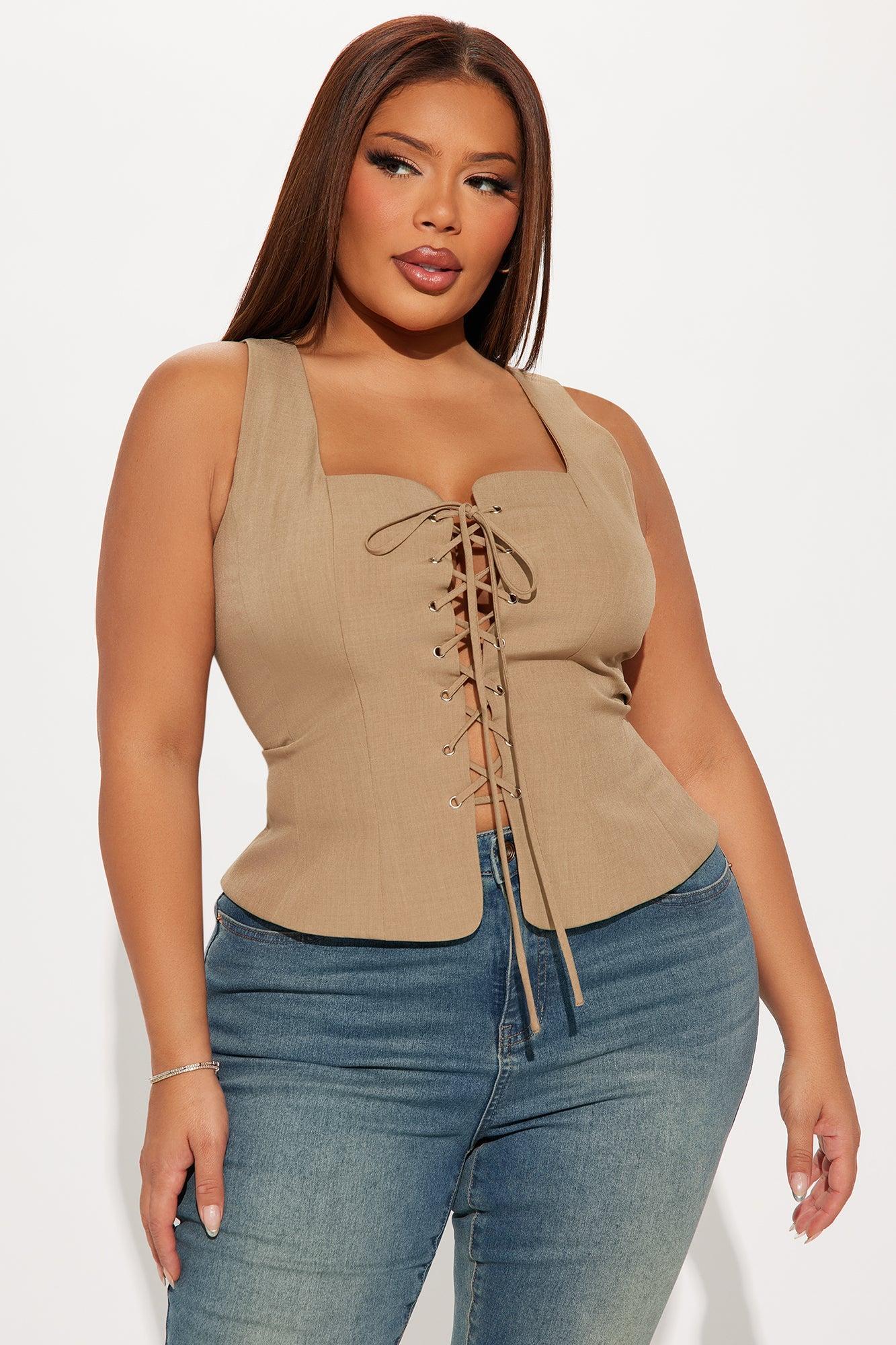 Topic Of Conversation Lace Up Top - Khaki Product Image