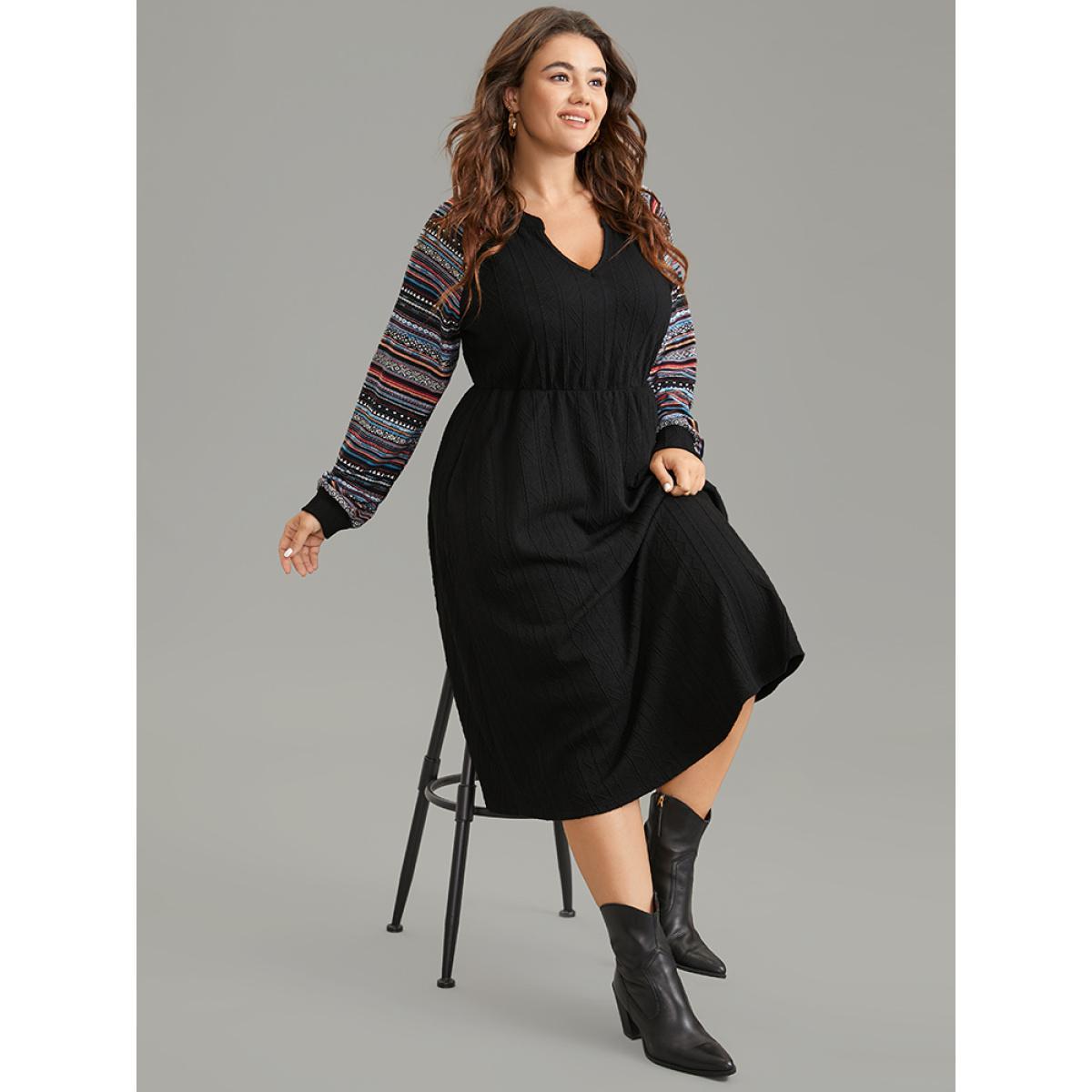 Plus Size Bandana Patchwork Elastic Waist Notched Dress DarkBlue Women Casual Printed Notched collar Long Sleeve Curvy Midi Dress BloomChic 26/4X Product Image