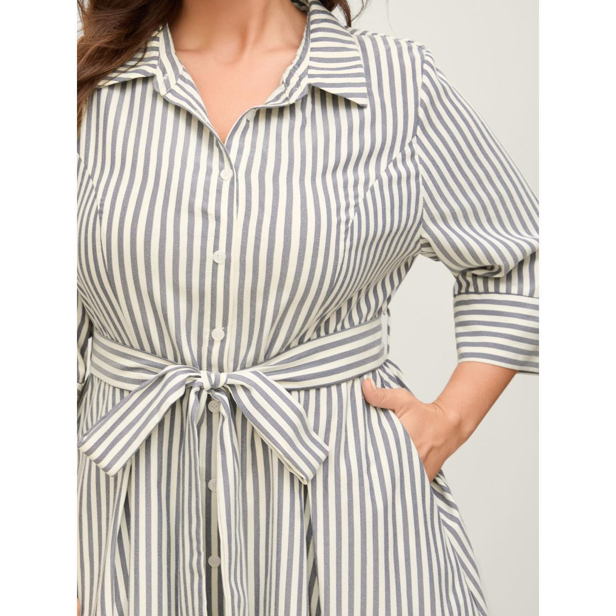 Plus Size Striped Waist Belt Midi Shirt Dress Indigo Women Belted Shirt collar Elbow-length sleeve Curvy BloomChic 18-20/2X Product Image
