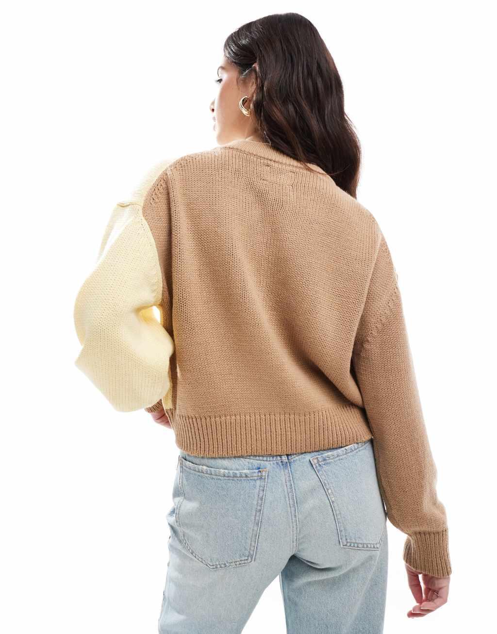 ASOS DESIGN banana sleeve boxy cardigan in buttermilk and mocha Product Image