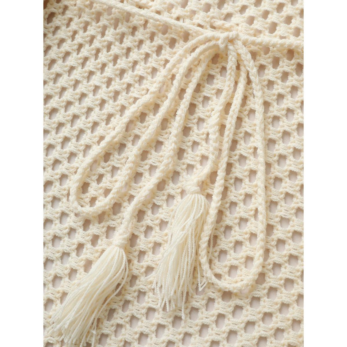 Plus Size Solid Cut Out Drawstring Tassel Trim Swim Cover Up Women's Swimwear Ivory Beach Tassels Curve Swim Cover Ups BloomChic 18-20/2X Product Image