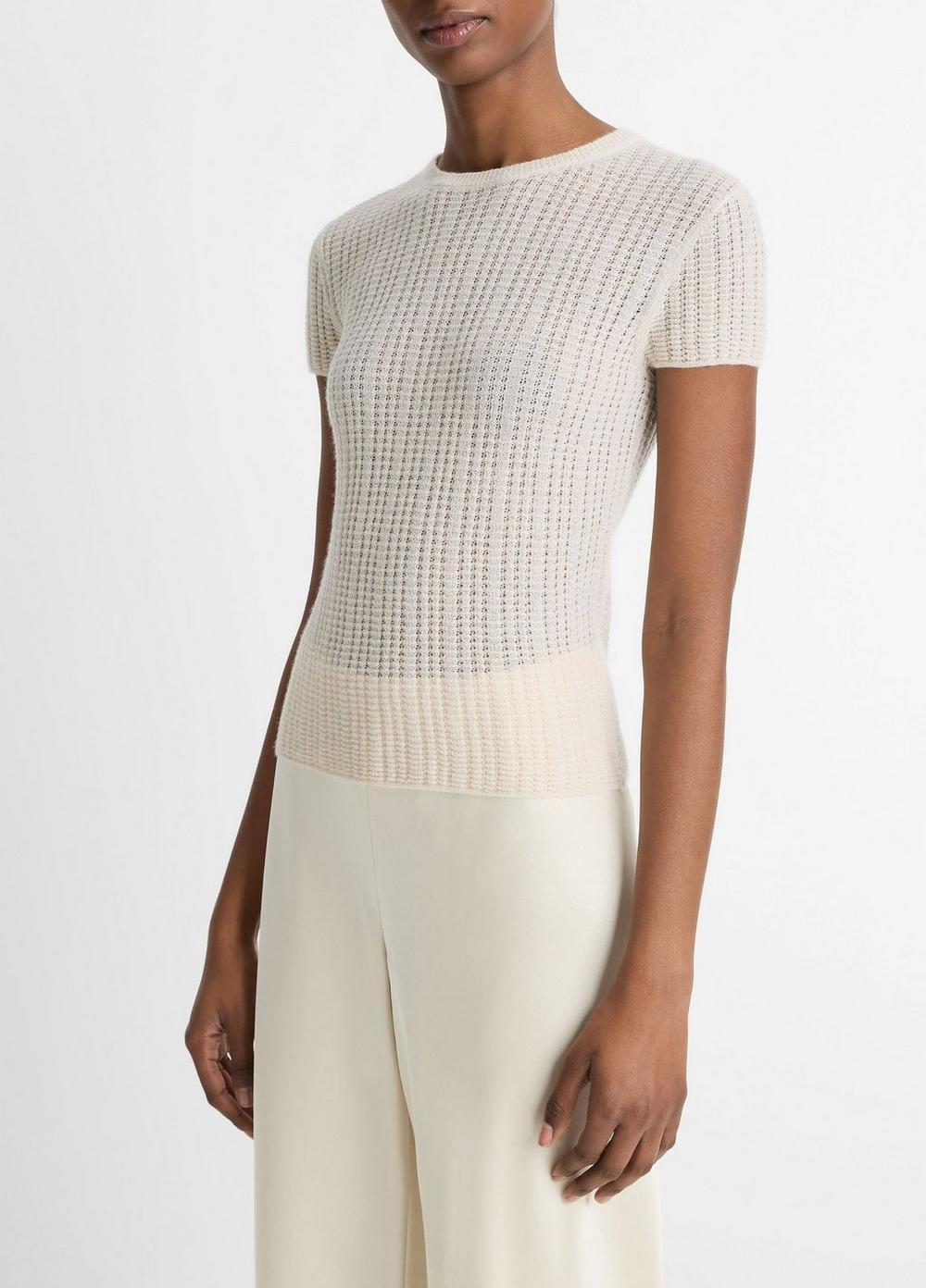 Womens Waffle-Knit Cashmere-Silk Short-Sleeve Sweater, White Sand, Size XXS Vince Product Image
