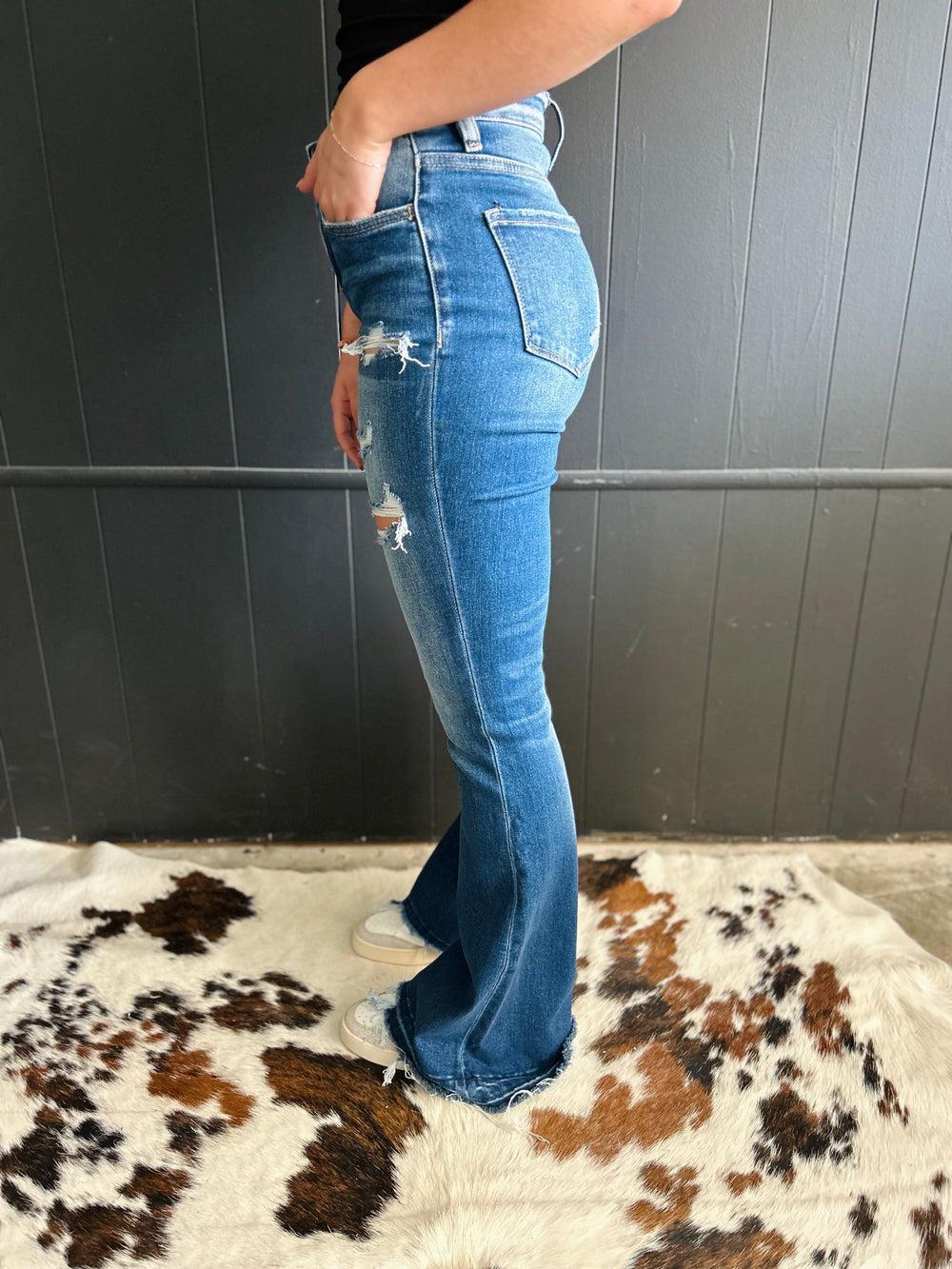 High Rise Frayed Hem Distressed Jeans Product Image