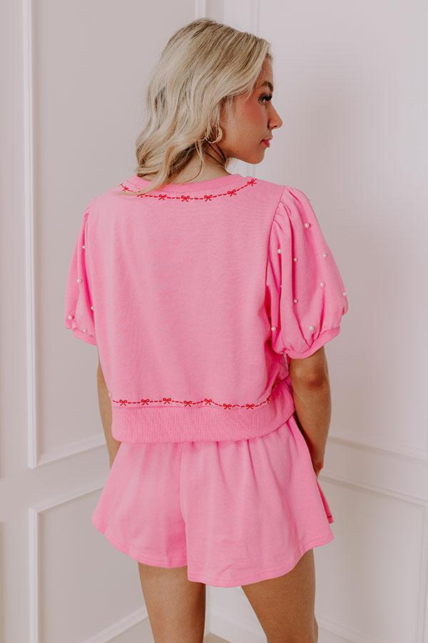 Bows And Kisses Pearl Embellished Top in Pink Product Image