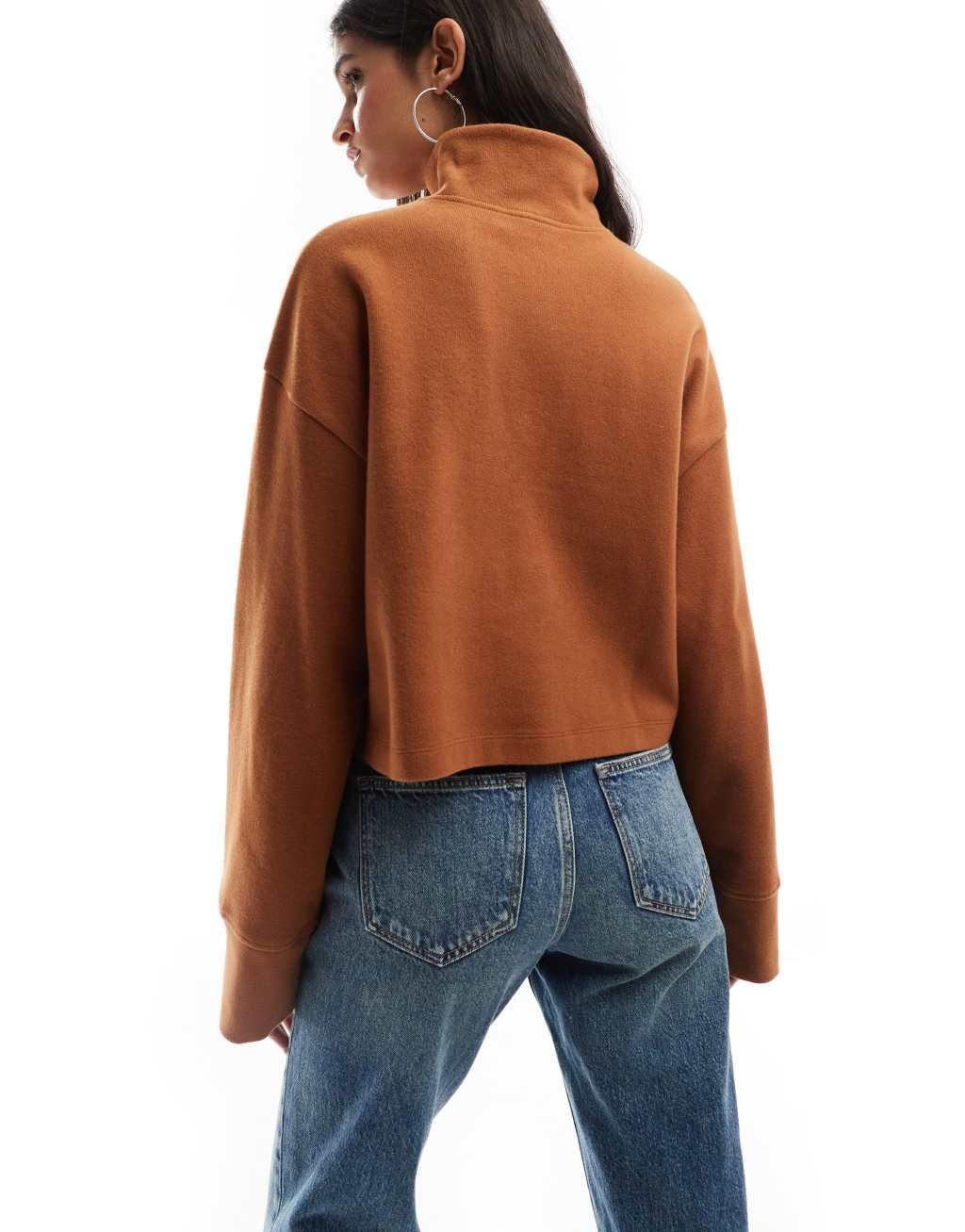 ASOS DESIGN supersoft long sleeve boxy crop half zip sweater in tan Product Image