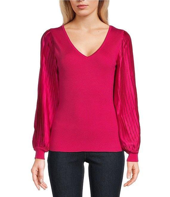 I.N. San Francisco V-Neck Long Pleated Sleeve Pullover Sweater Product Image
