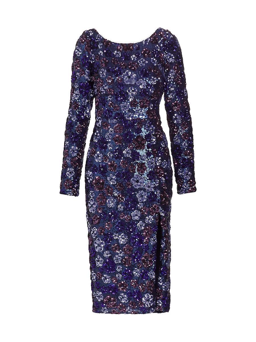 Womens Long-Sleeve Sequined Tulle Cocktail Midi-Dress Product Image