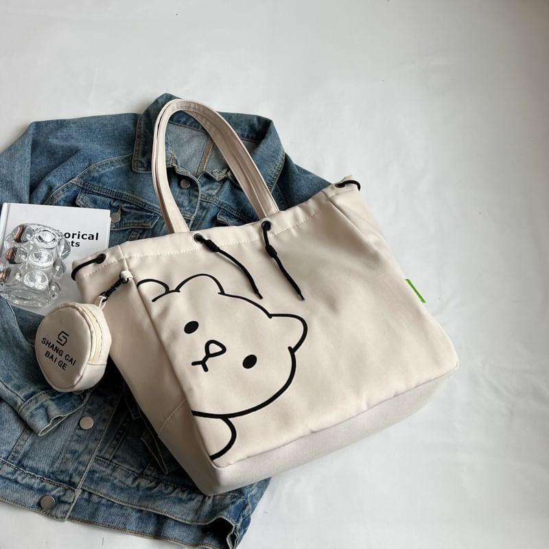 Set: Bear Print Tote Bag + Lettering Coin Purse Product Image