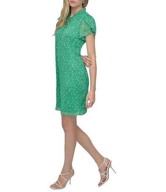 DKNY by Donna Karan Woven Floral Print Mock Neck Short Sleeve Front Tie Shift Mini Dress Product Image